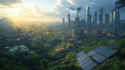 Obraz premium Futuristic cityscape blending nature and technology at sunset.