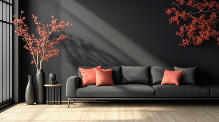 A dark gray sectional sofa with coral accent pillows and vases, light wood floors, and matte black metal decor for an elegant yet simple look