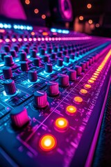 Fototapeta premium Close-up of a Sound Mixing Console with Illuminated Buttons and Knobs