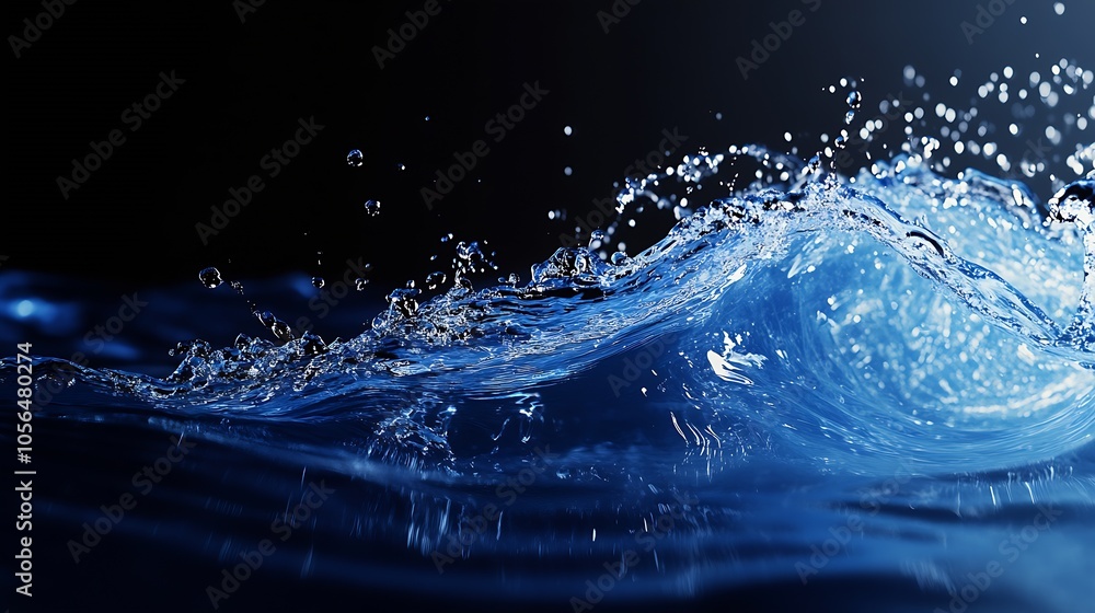 Poster vibrant blue water wave with splash and droplets in low light : generative ai