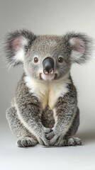 Obraz premium A cute koala bear sitting on a white background, looking directly at the camera with a curious expression.