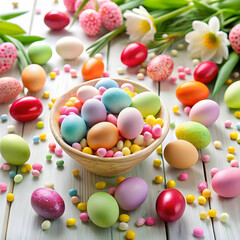 easter eggs with candies and flowers scattered