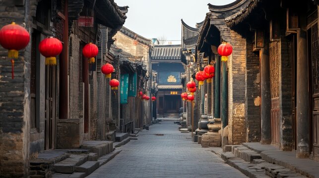 The decoration of red lampions on the streets of Pingyao Ancient Town China.