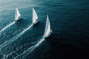 Three sailboats glide through deep blue waters, showcasing leisure and adventure on the sea.