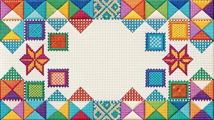 Colorful geometric stitch pattern on a white background with various shapes and sizes of squares and triangles, pattern, wallpaper, contemporary, minimalist, geometric