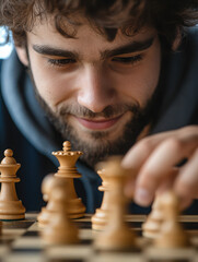 A young man focused on making a chess move during a game.