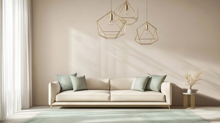 A light and airy living room with beige walls, a mint green rug, and gold geometric pendant lighting