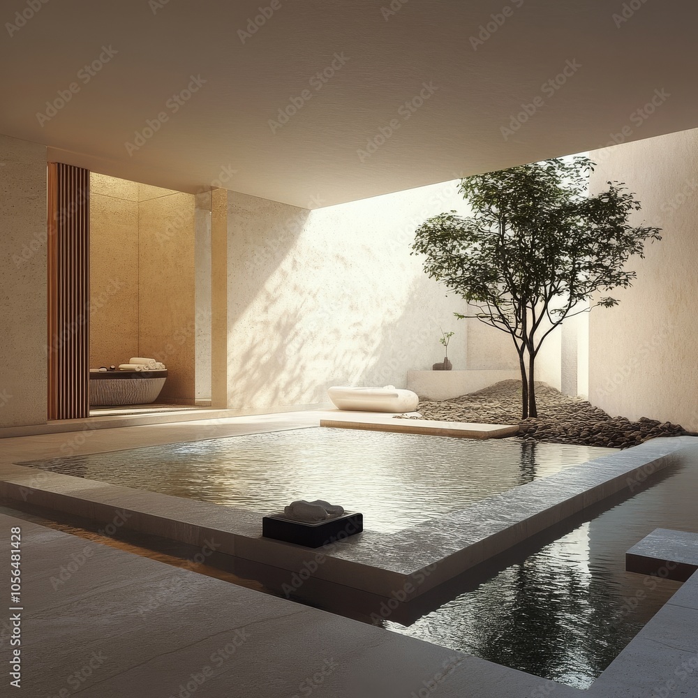 Poster a small pool with a tree in the middle of it. the pool is surrounded by a stone wall and a bench. th