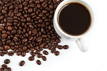 Obraz premium Cup of black coffee next to scattered coffee beans on a white background.