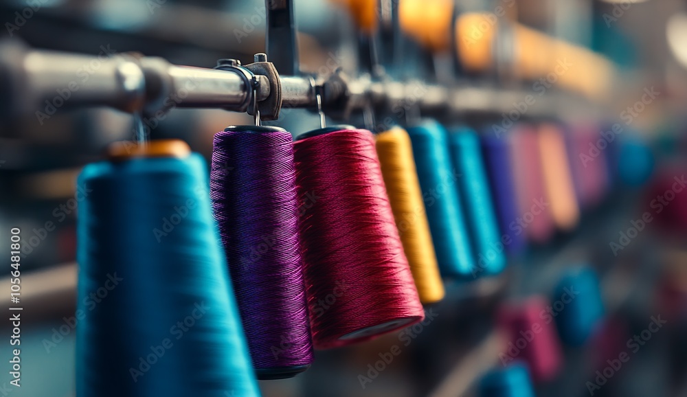 Poster assorted thread spools display in creative textile workshop : generative ai