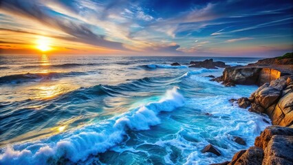 Deep blue ocean waves gently lapping against a rocky coastline at sunset, horizon, peaceful atmosphere, water