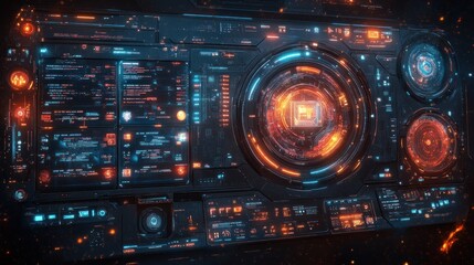 Obraz premium Futuristic digital interface with glowing elements and data displays.