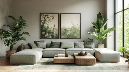 A living room interior with light gray walls and sage green accents on sofa cushions