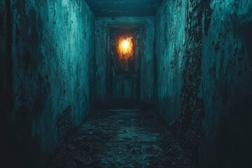 Obraz premium A Glowing Doorway in a Dark and Decaying Hallway