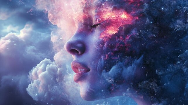 Abstract digital art depicting a woman's face emerging from swirling clouds of color. - Powered by Adobe
