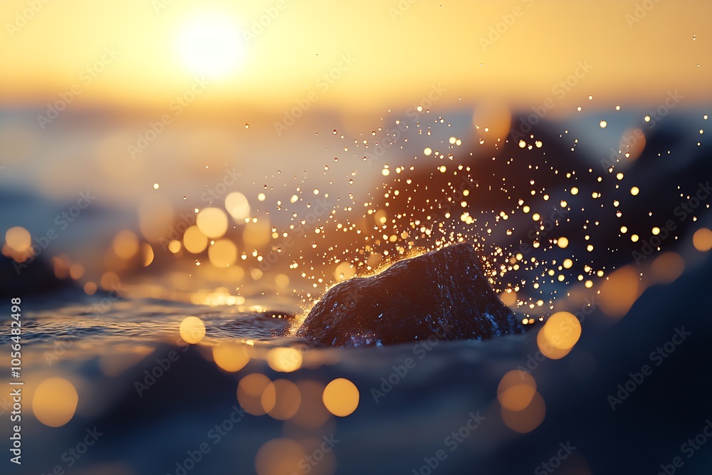 Aufkleber golden sunlit ocean waves with sparkling bokeh effect at sunrise : generative ai