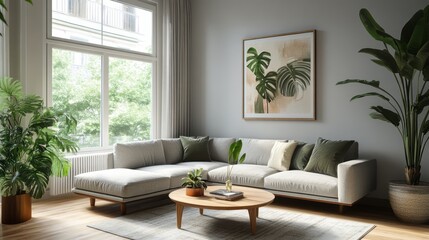 A living room interior with light gray walls and sage green accents on sofa cushions