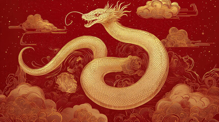 Fototapeta premium Snakes weaving through clouds, red lanterns, Chinese New Year