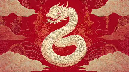 Fototapeta premium Snakes weaving through clouds, red lanterns, Chinese New Year