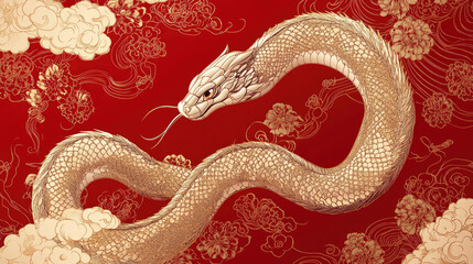 Obraz premium Snakes weaving through clouds, red lanterns, Chinese New Year