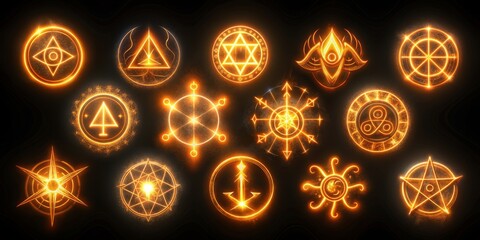 Glowing Golden Mystical Symbols A Collage of Ancient Sigils and Charms on a Black Background
