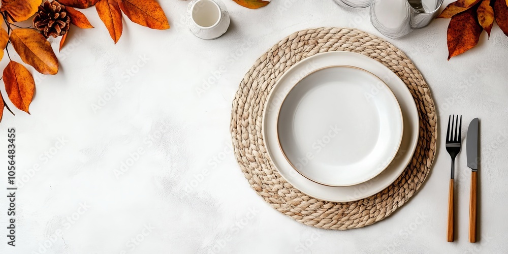 Poster a white plate with a fork and knife on a table with a leafy background