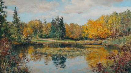 Serene autumn landscape with reflection of colorful trees in a tranquil pond under a cloudy sky, capturing nature's beauty and tranquility.