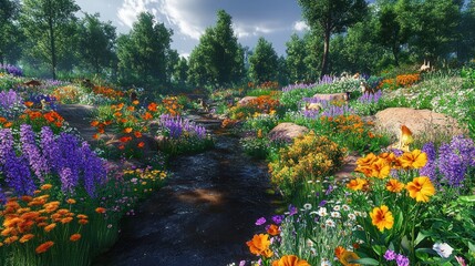 A vibrant landscape filled with diverse flowers and a gentle stream.