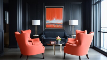 A living room with dark gray walls, bright coral accent chairs, and modern lighting for a futuristic touch on minimalist design