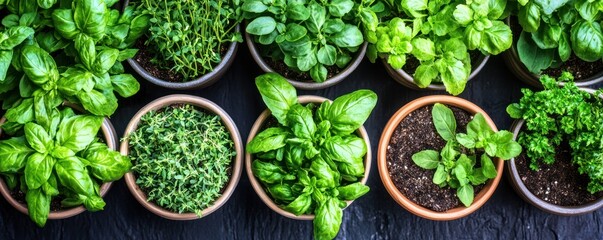 A collection of potted herbs, showcasing vibrant greenery for culinary use.