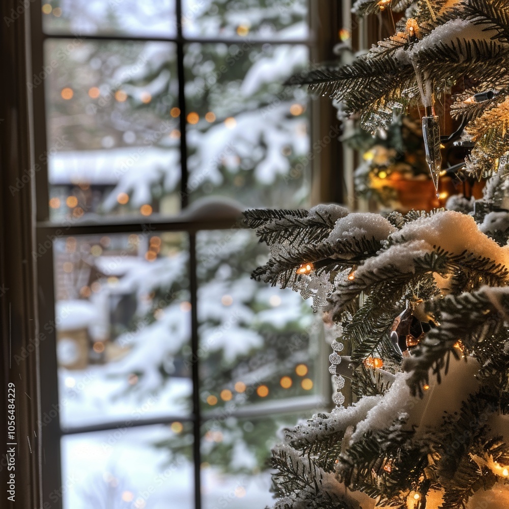 Poster a christmas tree with lights and snow on it is seen through a window. the tree is lit up and the sno