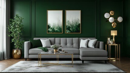A living room with dark green walls, a gray sectional sofa, and gold accents on the coffee table and lamps for a luxurious contemporary feel