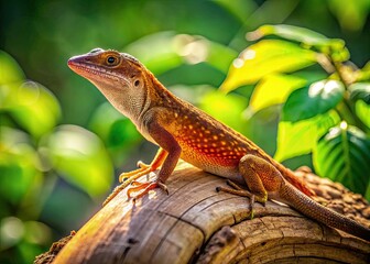 Fototapeta premium Under the warm embrace of sunlight, a Brown Anole Lizard lounges on a log, enveloped by lush greenery in its tranquil natural habitat.