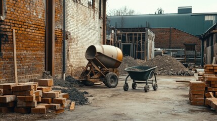 Construction site with concrete mixer and wheelbarrow full of construction materials.
