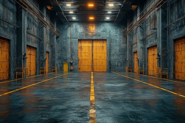 Fototapeta premium Industrial Warehouse Interior with Yellow Doors and Concrete Floor