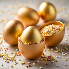 eggshells with sprinkles near golden eggs