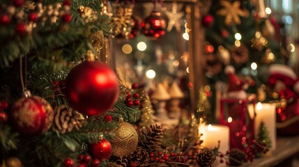 A Christmas tree with many ornaments, including a red ball and a star. The tree is lit up with candles and the overall mood is festive and joyful