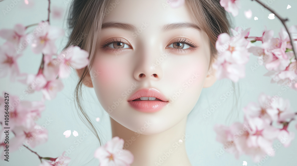 Poster 美肌の若くて可愛いアジア人女性の美容ポートレート。ピンク色の綺麗な桜に囲まれたビューティーショット。
