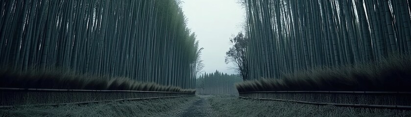 A misty path through tall trees alongside abandoned railway tracks.