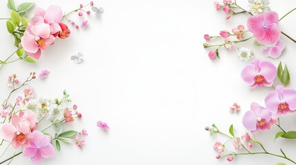 Elegant wedding invitation layout featuring a watercolor illustration of chamomile, pink silk orchids, and silk hydrangea.