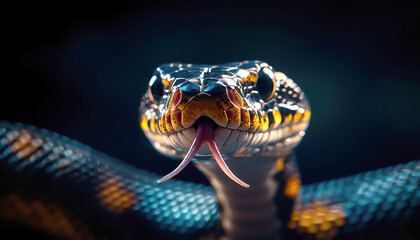 Fototapeta premium A striking close-up of a snake showcasing vibrant colors and intricate patterns, with a focus on its piercing eyes.