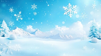 A stylish winter poster with icy blue tones, glistening snowflakes, and a serene mountain scene