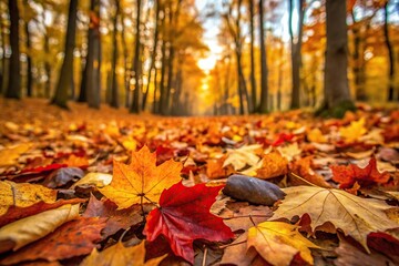 Leaves scattered on the forest floor in shades of orange, yellow, and red, vibrant colors, fall leaves, forest floor
