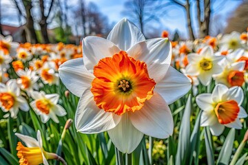 Fototapeta premium Vibrant daffodil hybrid displaying striking orange and white petals, flourishing in a colorful flowerbed, capturing the essence of springâ€™s beauty and renewal.