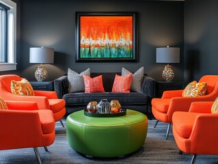 A lounge basement with dark gray walls and bold brightly colored furniture, such as orange chairs and a green coffee table