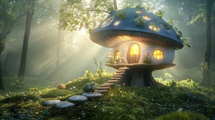 A treehouse village with eco-friendly soft sculptures of woodland creatures, set in a vibrant forest of sustainable materials