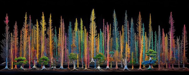 A vibrant artistic representation of trees in a colorful, abstract style.