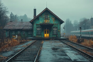 Obraz premium Abandoned Train Station Building and Tracks in Mist