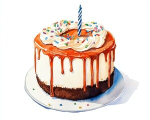 A decadent cake with caramel drizzle, frosted cream, a birthday candle, and colorful sprinkles, perfect for celebrations.