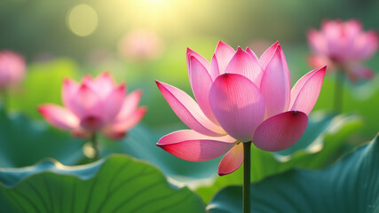 Obraz premium Beautiful Pink Lotus Flowers and Leaves in a Sunlit Pond.
